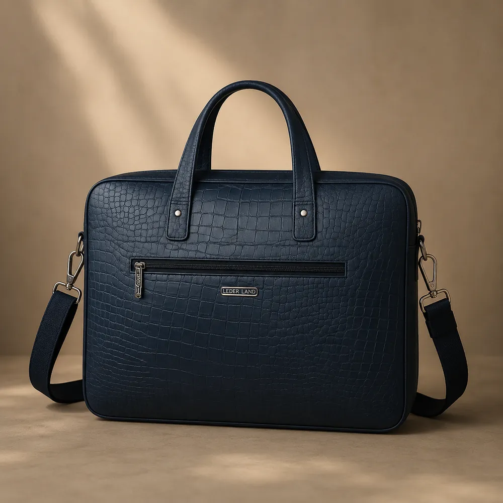 Navy Croc Laptop Briefcase — handcrafted full-grain leather, Akhan Leather Agra