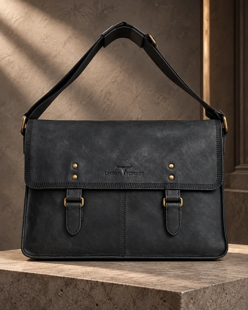 Flap Messenger Black — handcrafted full-grain leather, Akhan Leather Agra
