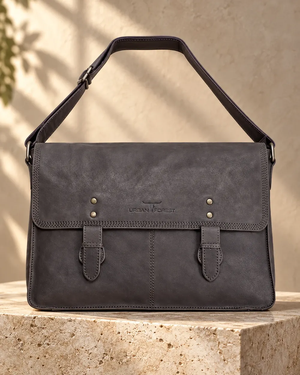 Flap Messenger Grey — genuine leather messenger bag handmade in Agra, Akhan Leather