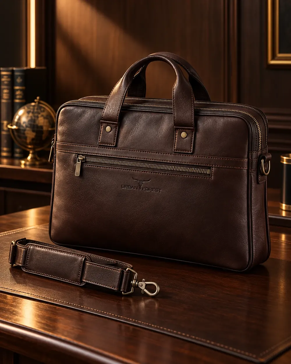 Zip-Front Executive Briefcase — handcrafted full-grain leather, Akhan Leather Agra
