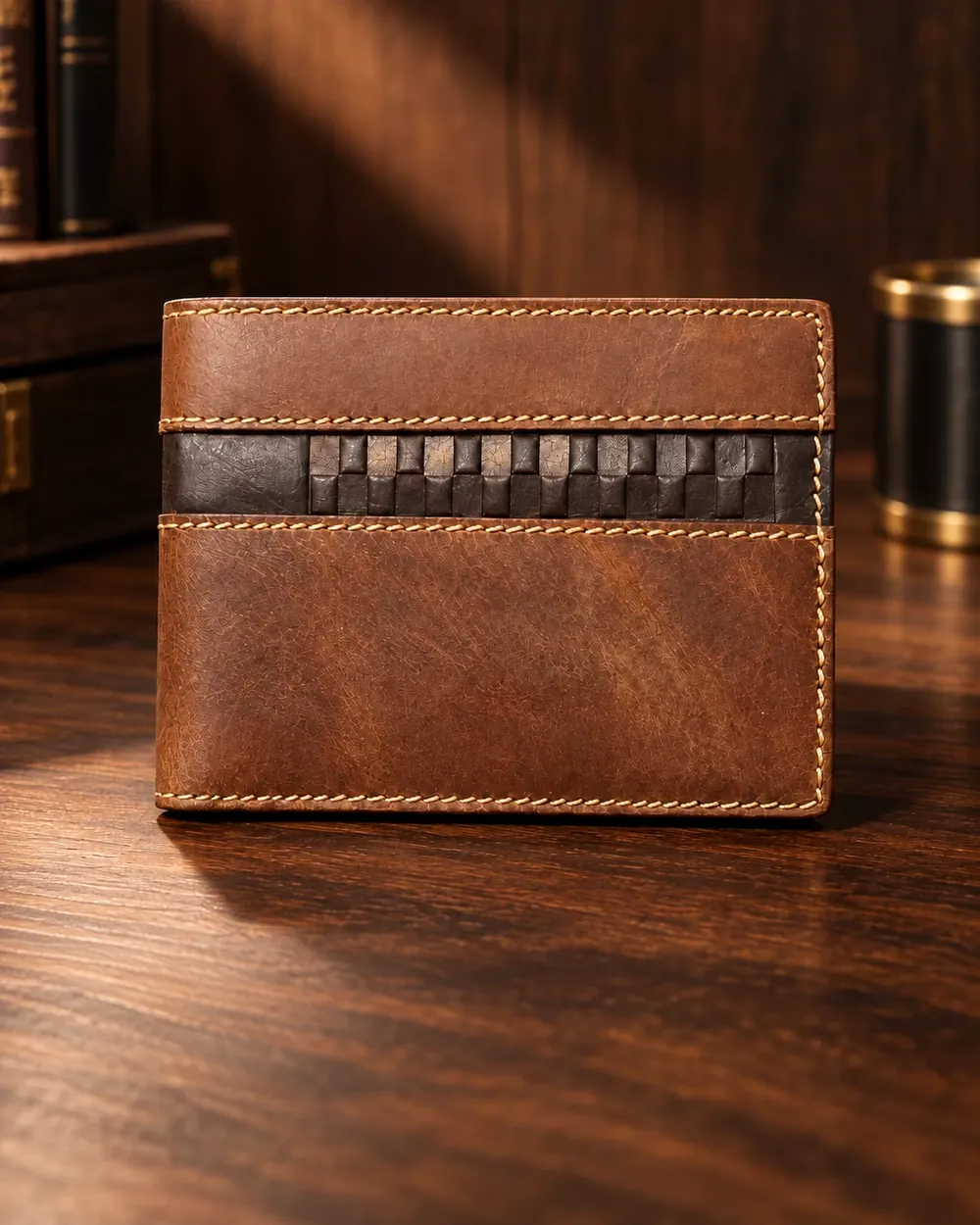 Woven Bifold Wallet — handcrafted full-grain leather, Akhan Leather Agra